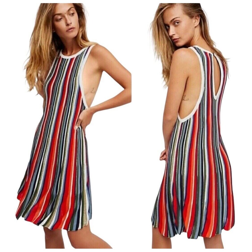 Free People Womens size 4 Dragon Rainbow Stretch Knit Dress Sleeveless Striped